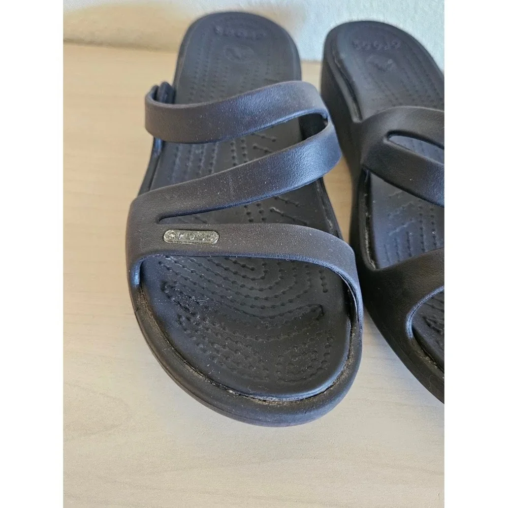 Crocs Patricia Black Multi Strap Wedge Sandals Womens 8 Comfort Slip On Shoes